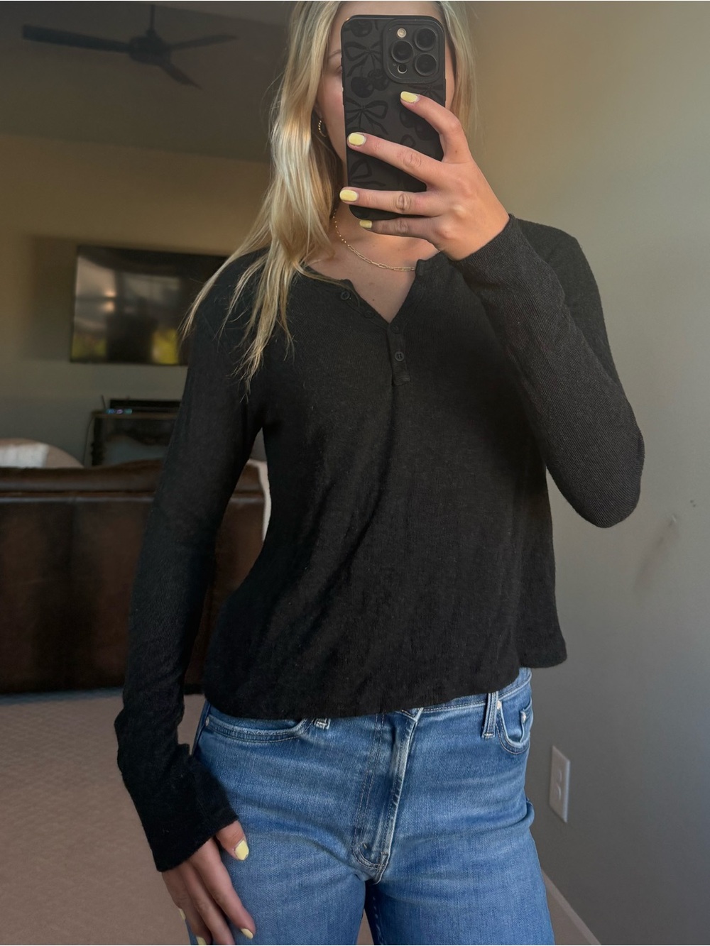 Brandy Melville Black Long Sleeve Henley Top